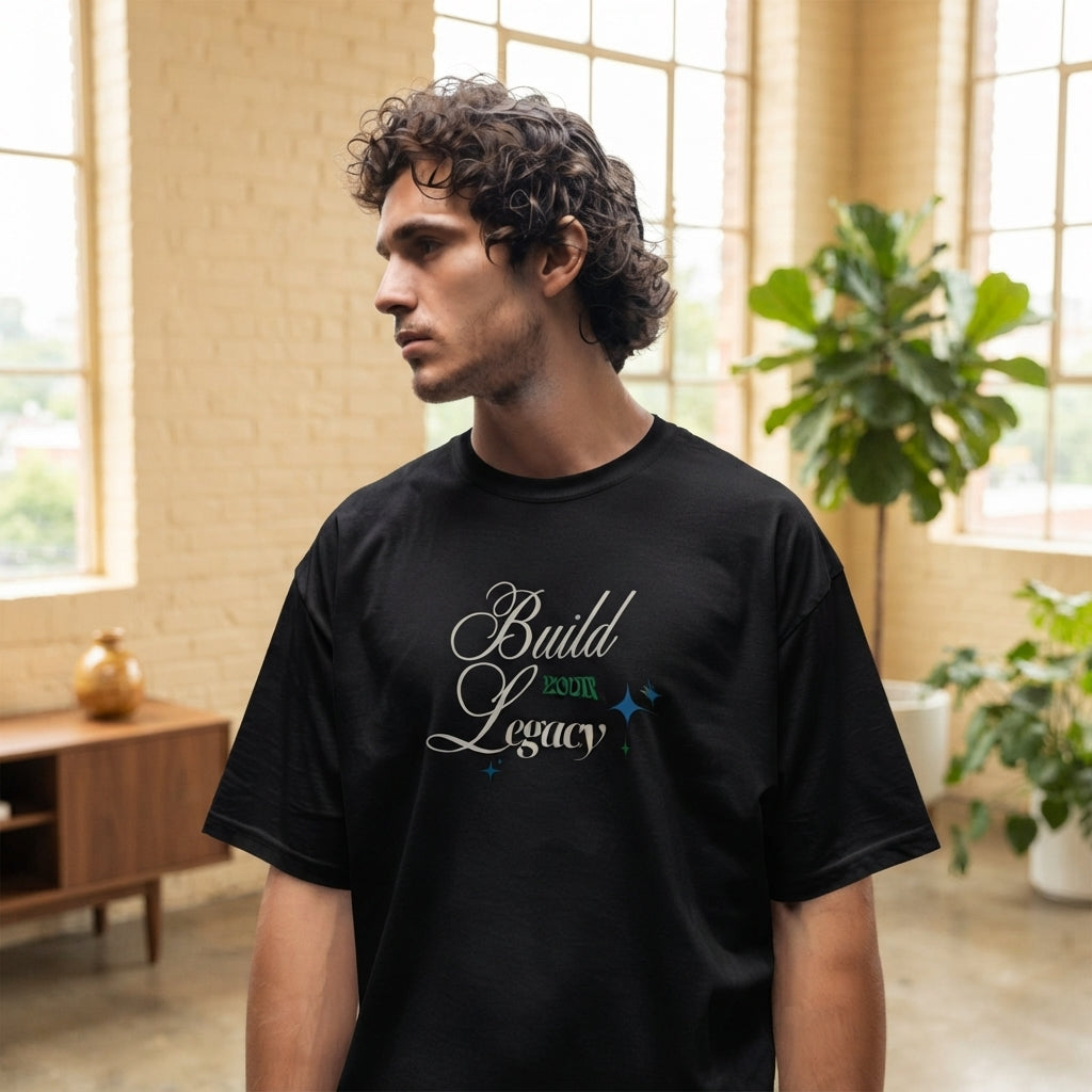 A person wearing a black inspirational quote t-shirt standing in a sunlit, modern loft with warm gold and cream accents.