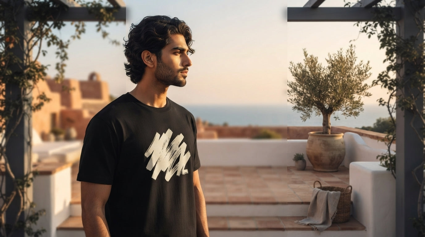 A young South Asian man in a black cotton t-shirt standing on a sunny coastal terrace with minimalist architecture.