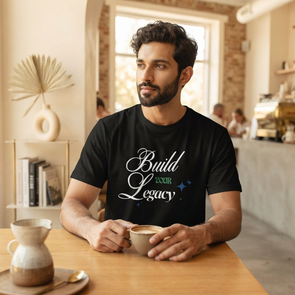 A young man wearing a black t-shirt with a white brush-style inspirational quote in a bright, modern cafe.