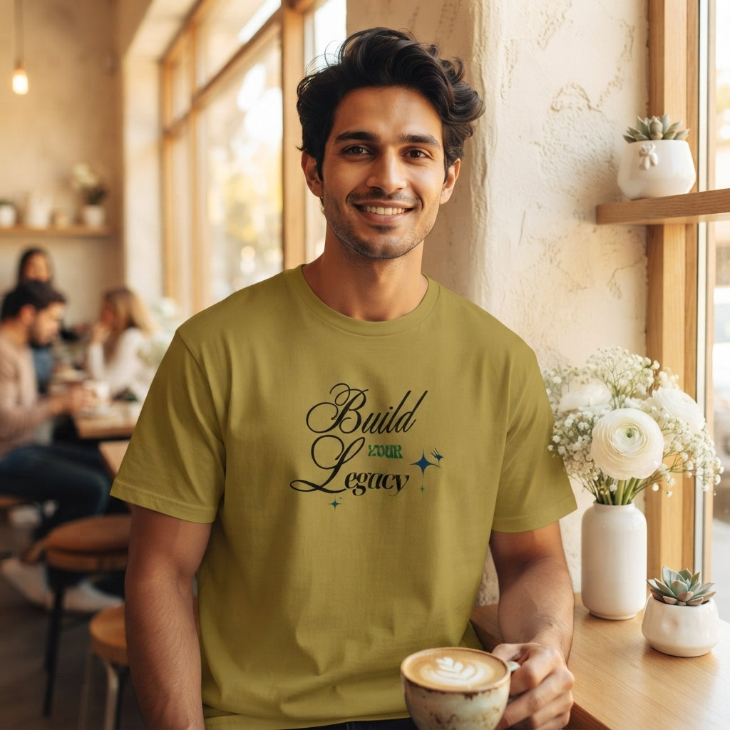 A young Indian man wearing a black t-shirt with a white brush-style quote in a bright, sunlit urban cafe.