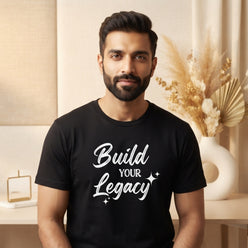 Vikram Sethi wearing a black brush style inspirational quote T-shirt in a professional editorial portrait.
