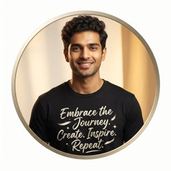 Portrait of Aryan Verma wearing a black brush-style inspirational quote t-shirt against a clean studio background.